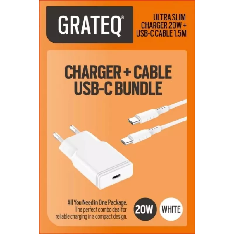 GRATEQ TAHKO 20W USB-C PD Wall Charger Bundle with 1.5m USB-C to Lightning Cable, White