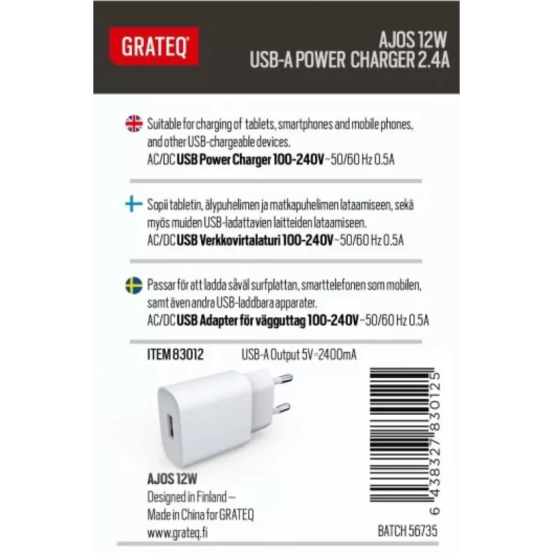 GRATEQ AJOS Charger USB-A 12W White