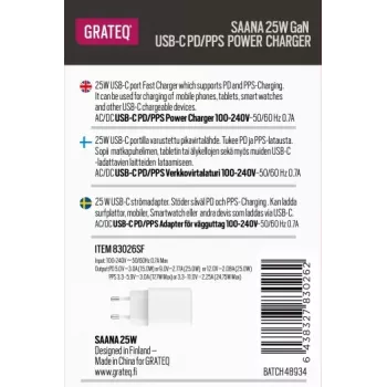 GRATEQ SAANA GaN USB-C 25W PD/PPS Wall Charger White