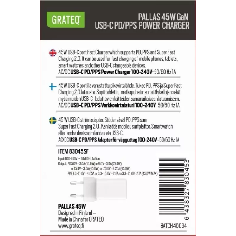 GRATEQ PALLAS GaN USB-C 45W Power Supply White