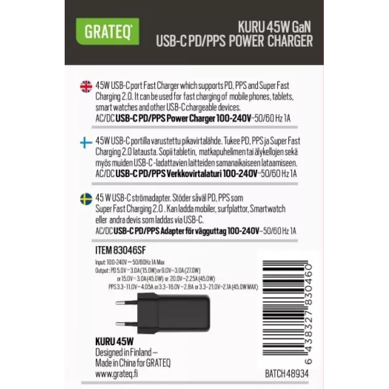 GRATEQ KURU GaN USB-C PD/PPS 45W Black Wall Charger