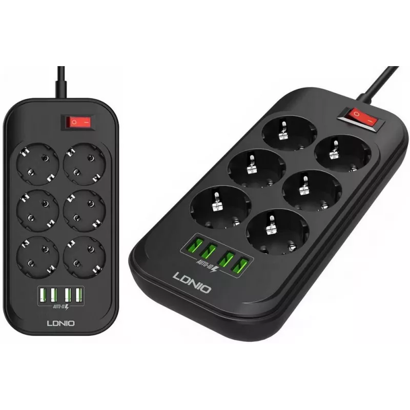LDNIO SE6403 Power Strip 6 Outlets + 4 USB Charging Ports, 2m Cable, 2500W, White