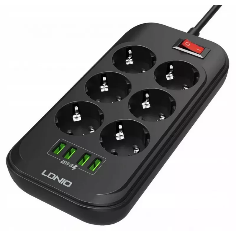 LDNIO SE6403 Power Strip 6 Outlets + 4 USB Charging Ports, 2m Cable, 2500W, White