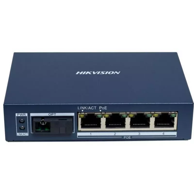 Hikvision DS-3D504TP-A Unmanaged Industrial PoE Switch, 4 PoE+ Ports, 1 SFP Uplink, 60W Budget