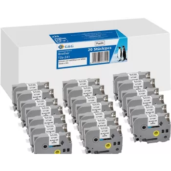 20x G&G Compatible Label Tape 18mm x 8m Black on White for Brother TZe-241 (21570)