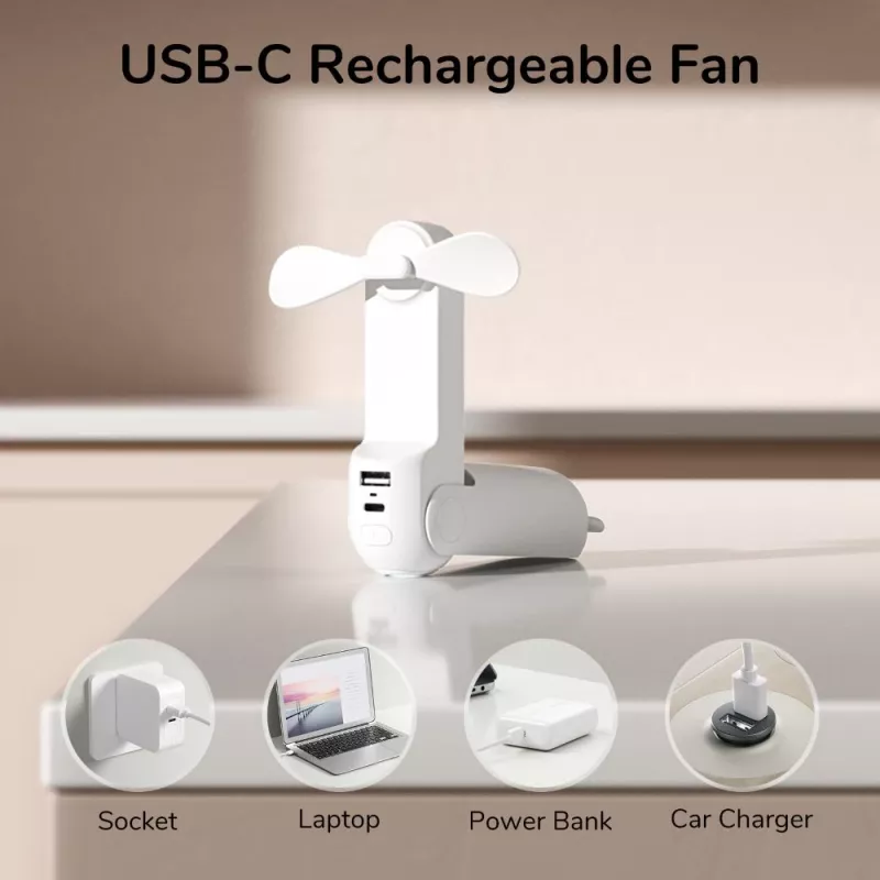 JISULIFE Handheld Fan 8 White Portable USB Fan with Power Bank 2000mAh and Flashlight