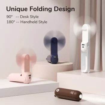 JISULIFE Handheld Fan 8 White Portable USB Fan with Power Bank 2000mAh and Flashlight