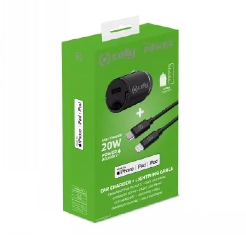 CELLY CCMINILIGHT – Car Charger USB-C + USB-C to Lightning Cable 20W [PRO POWER]