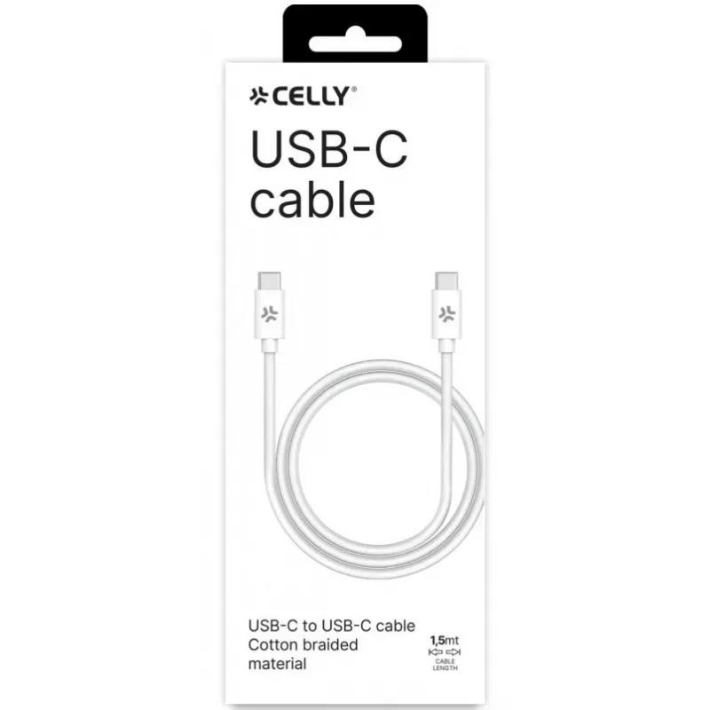 CELLY USBCUSBCCOTT - USB-C to USB-C Cotton Braided Cable White (Power Delivery)