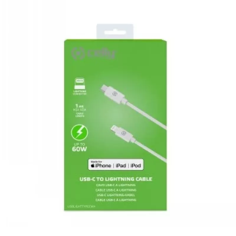 CELLY Lightning to USB-C Cable 60W - 1.2m White MFi Certified