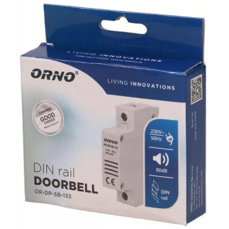 ORNO OR-DP-SB-133 Wired Doorbell Chime, DIN Rail 1 Module, 230V AC, 85 dB, White/Grey