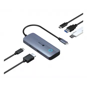 IcyBox IB-DK4081-SO Spade Dock 4081 5-in-1 Travel Docking Station with Off-Screen Charging, USB-C, HDMI 4K, Gigabit Ethernet, 2x USB-A, 100W PD, Aluminium