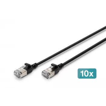 DIGITUS CAT 6A F/FTP Slim Patch Cable, 0.3m, Black, 10-Pack, LSZH, 10Gbps, 500MHz