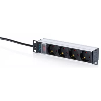 DIGITUS DN-95418-S 10 Inch Aluminium PDU Power Strip, 4 Schuko Sockets, 16A, 1.5m Cable, Black