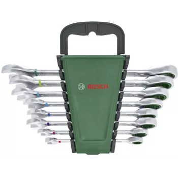 Bosch 8-Piece Combination Ratchet Wrench Set with 72-Tooth Reversible Ratchet, Chrome Vanadium, Metric 8-19 mm, Green/Black Case