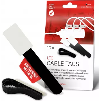 LABEL THE CABLE LTC 2610-10 Reusable Hook-and-Loop Cable Tie Labels with Write-On Area, Black, 10-Pack