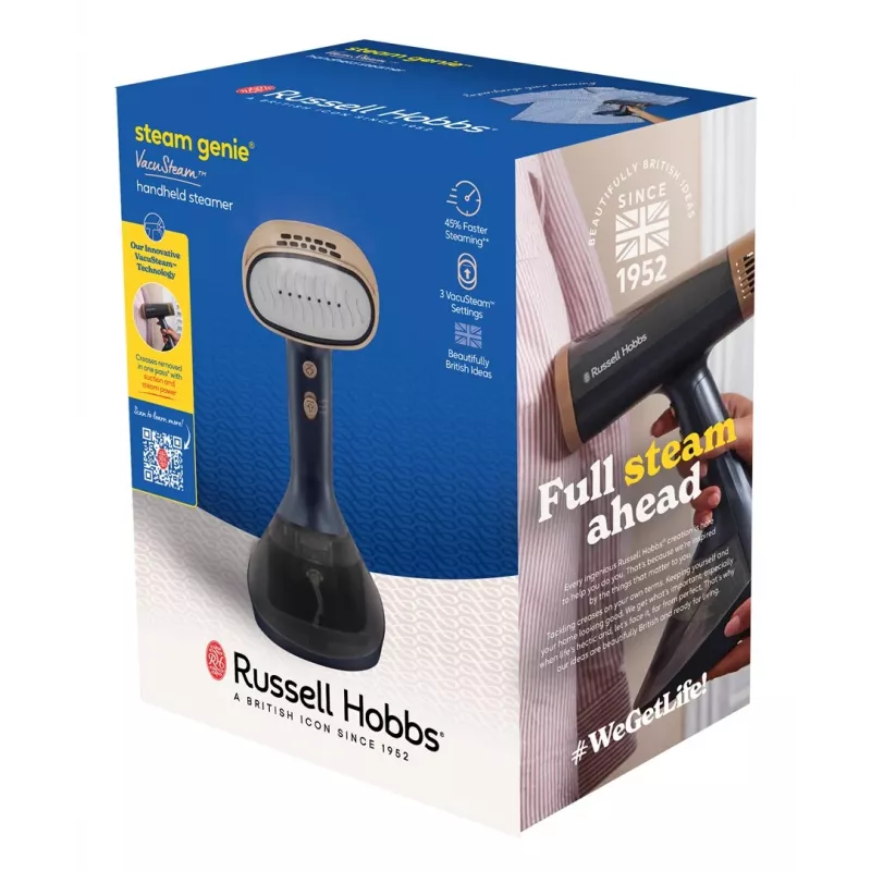 Russell Hobbs Steam Genie VacuSteam Handheld Garment Steamer 28550-56 – 1800 W, 200 ml, White/Blue