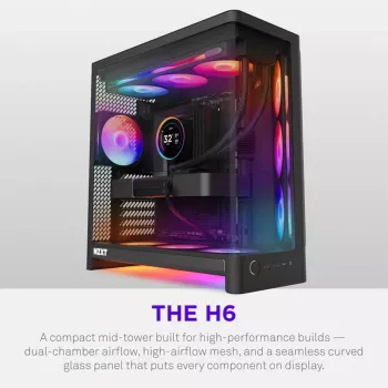 NZXT H6 2026 Mid-Tower Airflow Gaming Case, Black, Tempered Glass, 3x F120Q Fans, USB-C, Dual-Chamber