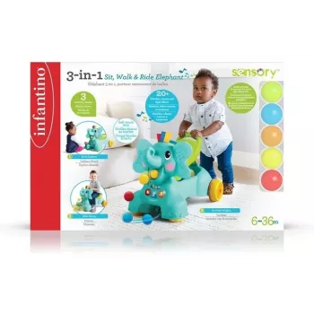 B-KIDS 3-in-1 Sit, Walk & Ride Elephant by Infantino – Activity Walker and Ride-On Toy