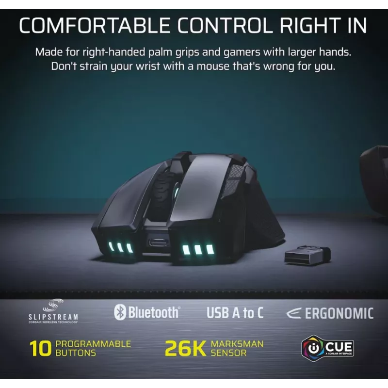 CORSAIR Ironclaw Wireless SE Gaming Mouse - 26,000 DPI, Optical, SLIPSTREAM Wireless, Bluetooth, USB, RGB, Black