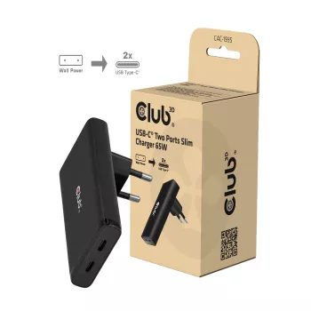 Club 3D CAC-1935 Slim 65W Dual USB-C GaN PD 3.1 PPS Charger, Black