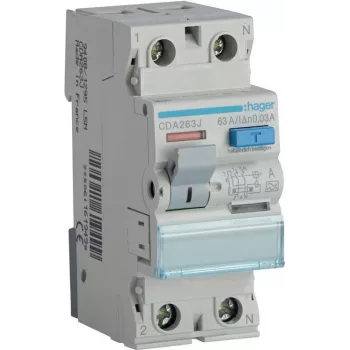 HAGER CDA263J RCCB Residual Current Circuit Breaker 1P+N 63A 30mA Type A 6kA 230V 2-Module DIN Rail