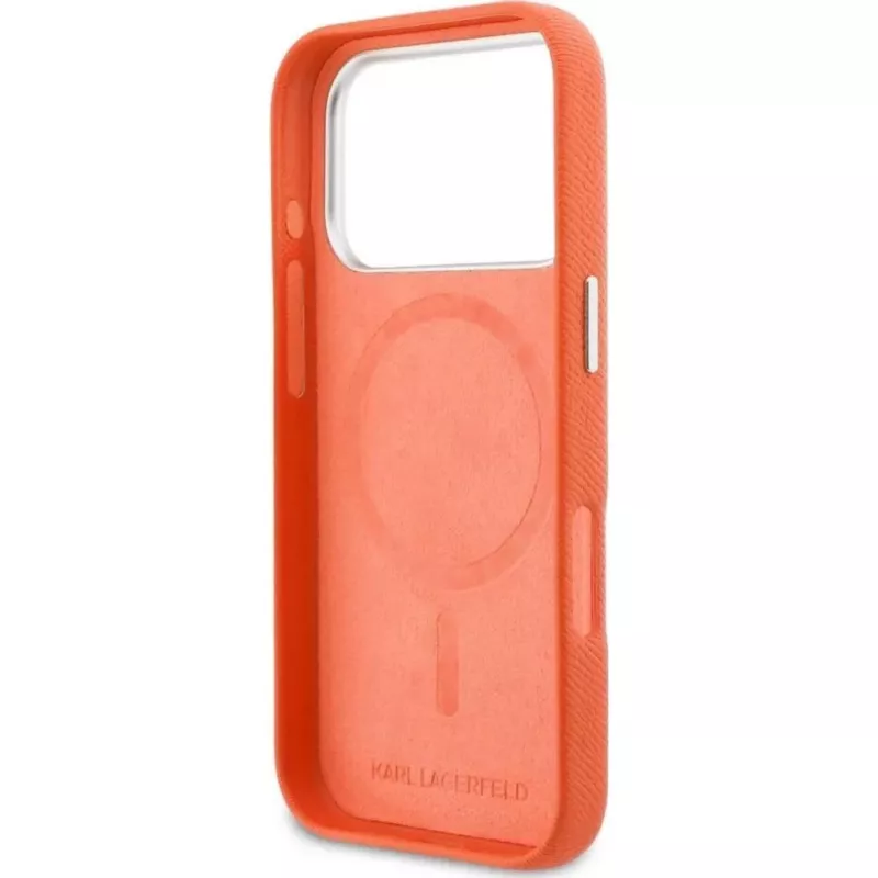 Karl Lagerfeld Karl & Choupette Head Pins Saffiano MagSafe Case for iPhone 17 Pro Max – Orange