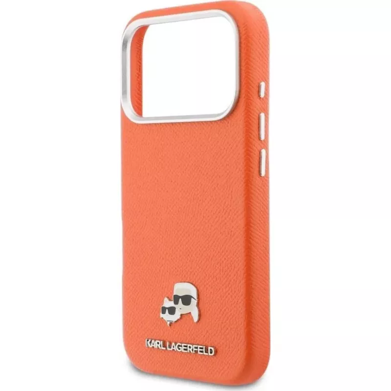 Karl Lagerfeld Karl & Choupette Head Pins Saffiano MagSafe Case for iPhone 17 Pro Max – Orange