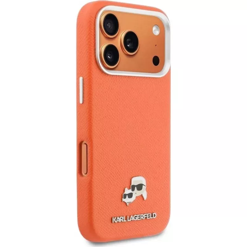 Karl Lagerfeld Karl & Choupette Head Pins Saffiano MagSafe Case for iPhone 17 Pro Max – Orange