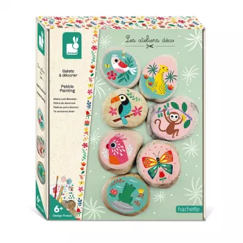 Janod Stone Painting Creative Craft Kit – 6 Natural Stones, 6 Acrylic Paints, 2 Brushes, Glitter, Googly Eyes, Stickers – Ages 6+