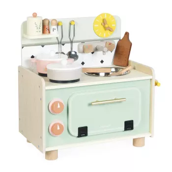 Janod Shiny Grandma Wooden Play Kitchen with 9 Accessories, Pink/Grey