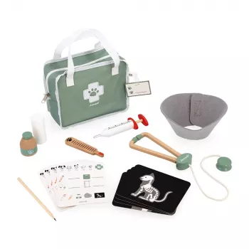 Janod Veterinarian Kit - 10-Piece Pretend Play Set with Wooden Instruments and Fabric Carry Case