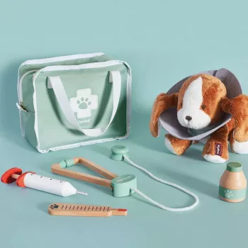Janod Veterinarian Kit - 10-Piece Pretend Play Set with Wooden Instruments and Fabric Carry Case