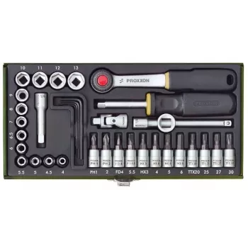 Proxxon 23080 36-Piece Combination Screwdriver and Bit Set with 1/4 inch Hex Quick-Release Handle, CrV Sockets, and Storage Case