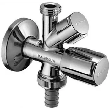 VALVE Angle Valve 1/2 inch x 1/2 inch x 3/4 inch Male Threads, Chrome-Plated Brass, Dual Outlet with Backflow Preventer