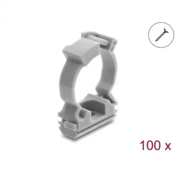 Delock Cable Sleeve Holder with Locking Clip, Screwable for 25 mm Cable Protection Hose, 100 Pieces, Grey