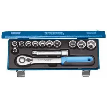 GEDORE 1/2 Inch Drive Metric Socket Set, 13-Piece, 6-Point, 10-32 mm, with Ratchet, Extensions and Universal Joint, in Steel Case