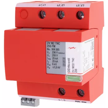 DEHN DEHNventil M2 TNC 255 FM Combined Lightning Current and Surge Arrester Type 1+2+3, 3-Pole, 255 V AC, 35 mm DIN Rail