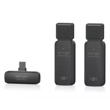 Behringer SMART MIC 2 Wireless Smartphone Microphone System with Lightning, USB-C and 3.5mm Connectivity, 2.4GHz Digital, Omnidirectional Condenser, Up to 100m Range, 7h Battery, Includes Lavalier Input, Windscreen and Carry Pouch