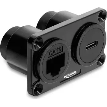 Delock Dual Panel Mount Adapter USB 10 Gbps USB Type-C Female PD 100 W + RJ45 Female Cat.6 Black