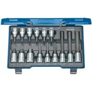GEDORE 6129360 1/2 Inch Drive Hex Socket Bit Set, 15-Piece, Metric, Chrome Vanadium, DIN 3120/ISO 1174, in Steel Case