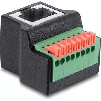Delock RJ45 Female to 8-Pin Terminal Block Adapter, 90° Angled, Push Button, Black