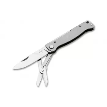 Böker Plus Atlas Multi SW Knife - 7-Function Multi-Tool with 12C27 Blade, Pliers, Bottle Opener, Glass Breaker, Stonewashed Stainless Steel