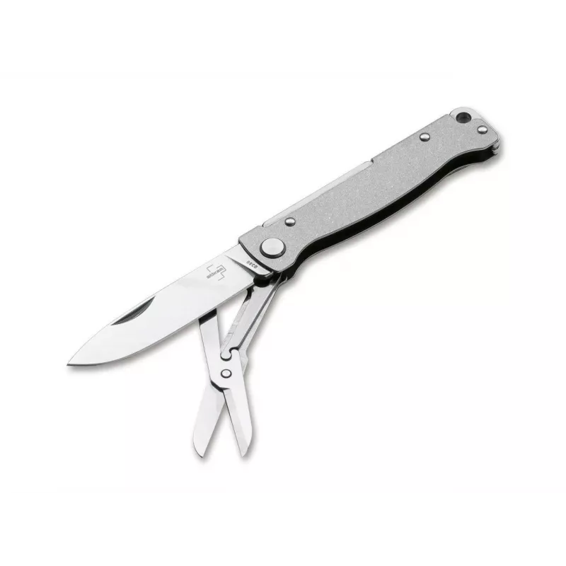 Böker Plus Atlas Multi SW Knife - 7-Function Multi-Tool with 12C27 Blade, Pliers, Bottle Opener, Glass Breaker, Stonewashed Stainless Steel