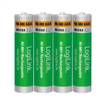 LogiLink LR03RB4 Rechargeable NiMH AAA Batteries, 4-Pack Blister, 800 mAh, 1.2 V, Pre-Charged, Low Self-Discharge