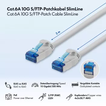 LogiLink Cat.6A Slim S/FTP LSZH Patch Cable, Grey, 3 m, SlimLine