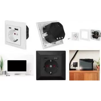 LogiLink PA0262B Wall Outlet with 1 Schuko Socket, 1 USB-A and 1 USB-C Charger, Black