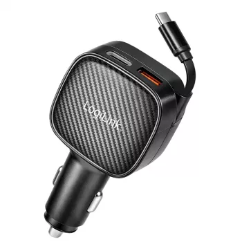LogiLink PA0295 USB Car Charger, 3 Port incl. retractable USB-C cable, 60W, PD, QC, black