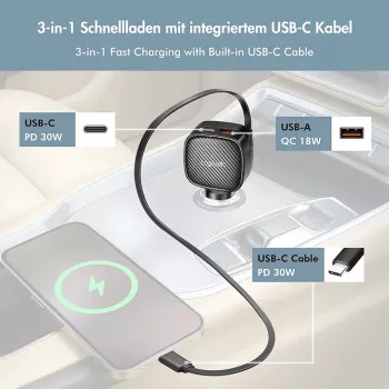 LogiLink PA0295 USB Car Charger, 3 Port incl. retractable USB-C cable, 60W, PD, QC, black