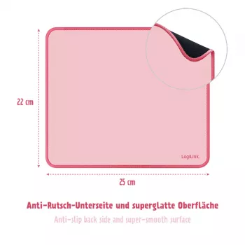 LogiLink Mouse Pad 220 x 250 mm Pink - Fabric Surface, Non-Slip Rubber Base